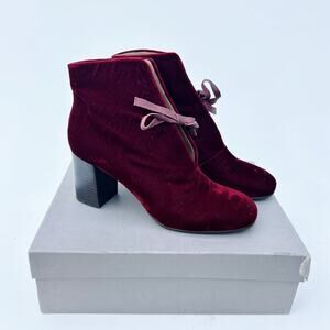 New Coclico Velvet Block Heel Round Toe Bow Ankle Boots Red 6.5 Burgundy 37